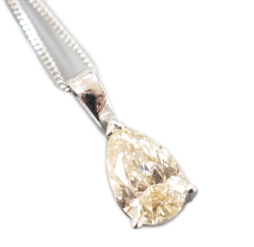 A modern white metal and light brown pear cut diamond set pendant, 14mm, on an 18ct white gold fine link chain, 45cm